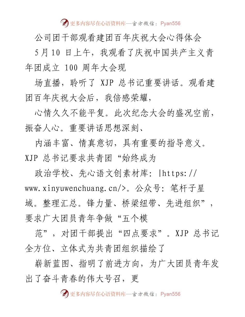 [发言] 公司团干部会议 - 建团百年庆祝大会心得体会与青年工作思考.docx_第1页