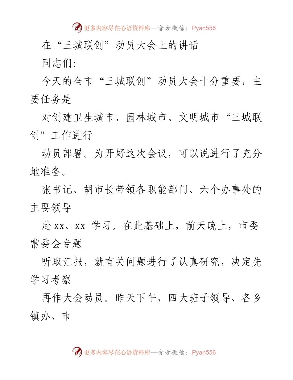 [发言] 动员大会 - 强调“三城联创”工作的重要性与实施策略.docx_第1页