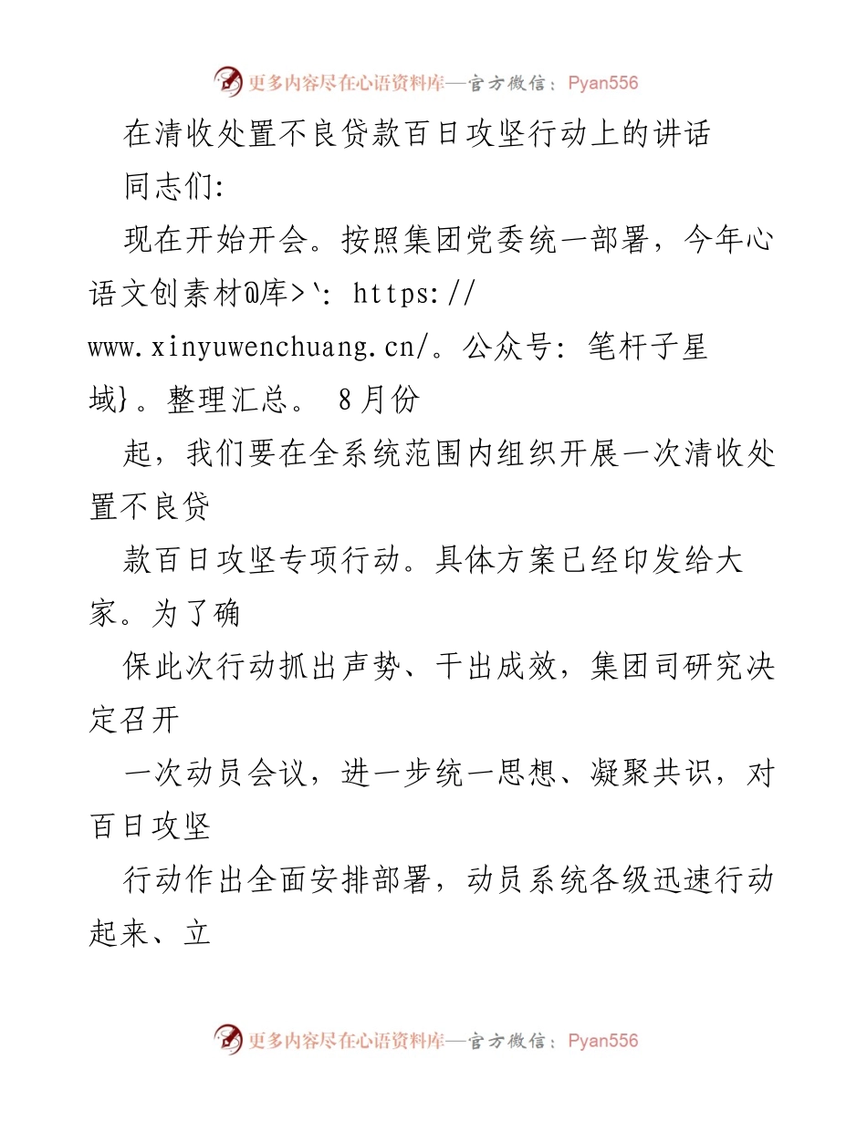 [发言] 动员会议 - 清收处置不良贷款百日攻坚行动动员讲话.docx_第1页