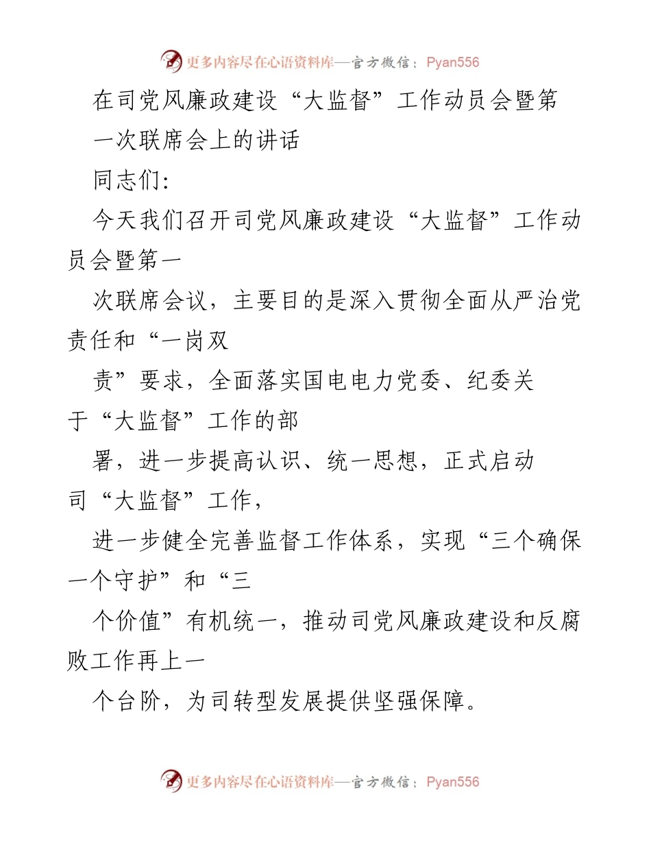 [发言] 动员会 - 启动“大监督”工作，推动党风廉政建设新阶段.docx_第1页