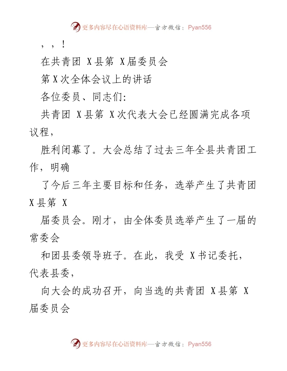 [发言] 共青团 X县第 X届委员会全体会议讲话要点总结.docx_第1页