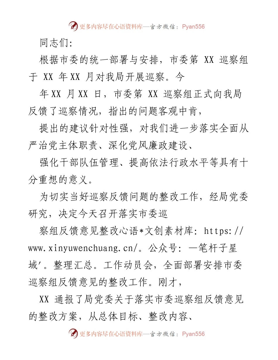 [发言] 动员会 - 加强巡察整改工作，提升政治站位与落实责任.docx_第1页