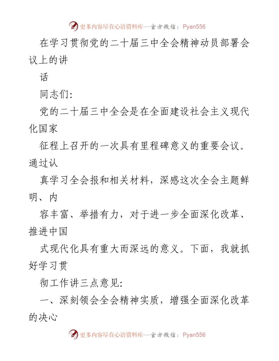 [发言] 动员部署会议 - 深入学习贯彻党的二十届三中全会精神的重要性.docx_第1页