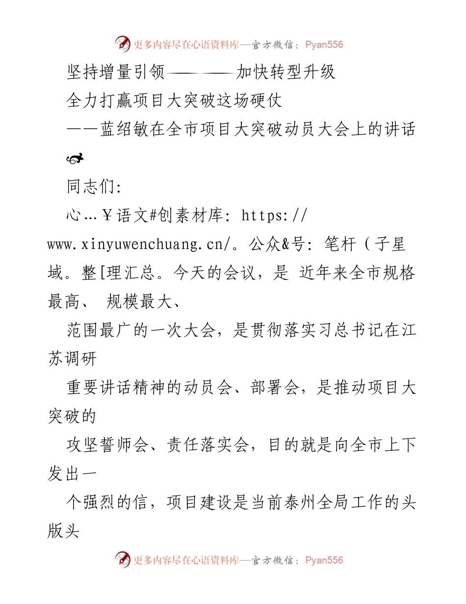 [发言] 动员大会 - 加快项目大突破，推动泰州转型升级.docx_第1页