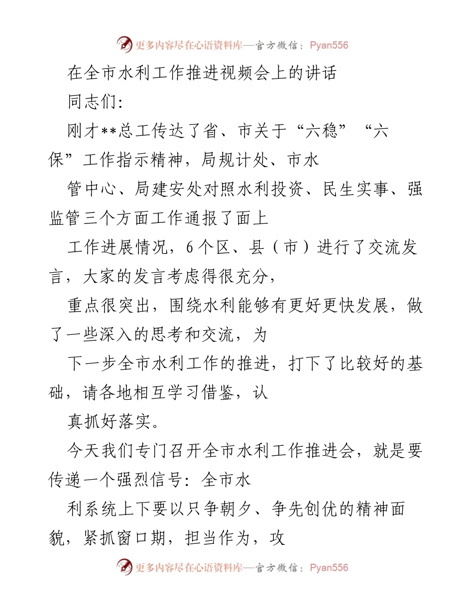 [发言] 全市水利工作推进视频会 - 全力推进水利高质量发展，确保年度目标实现.docx_第1页