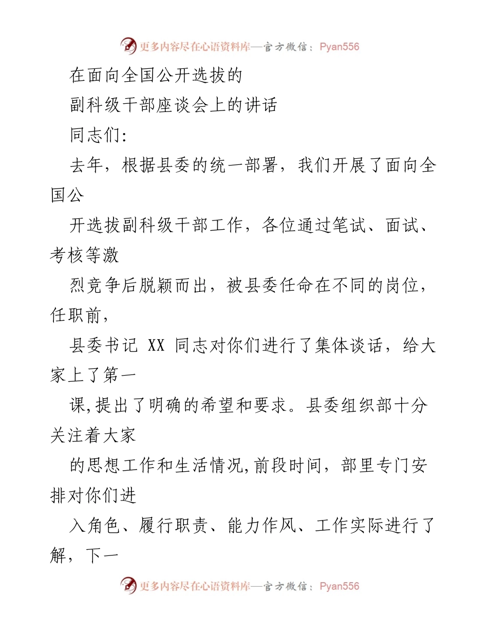 [发言] 副科级干部座谈会 - 深入了解新任干部的工作与思想动态.docx_第1页