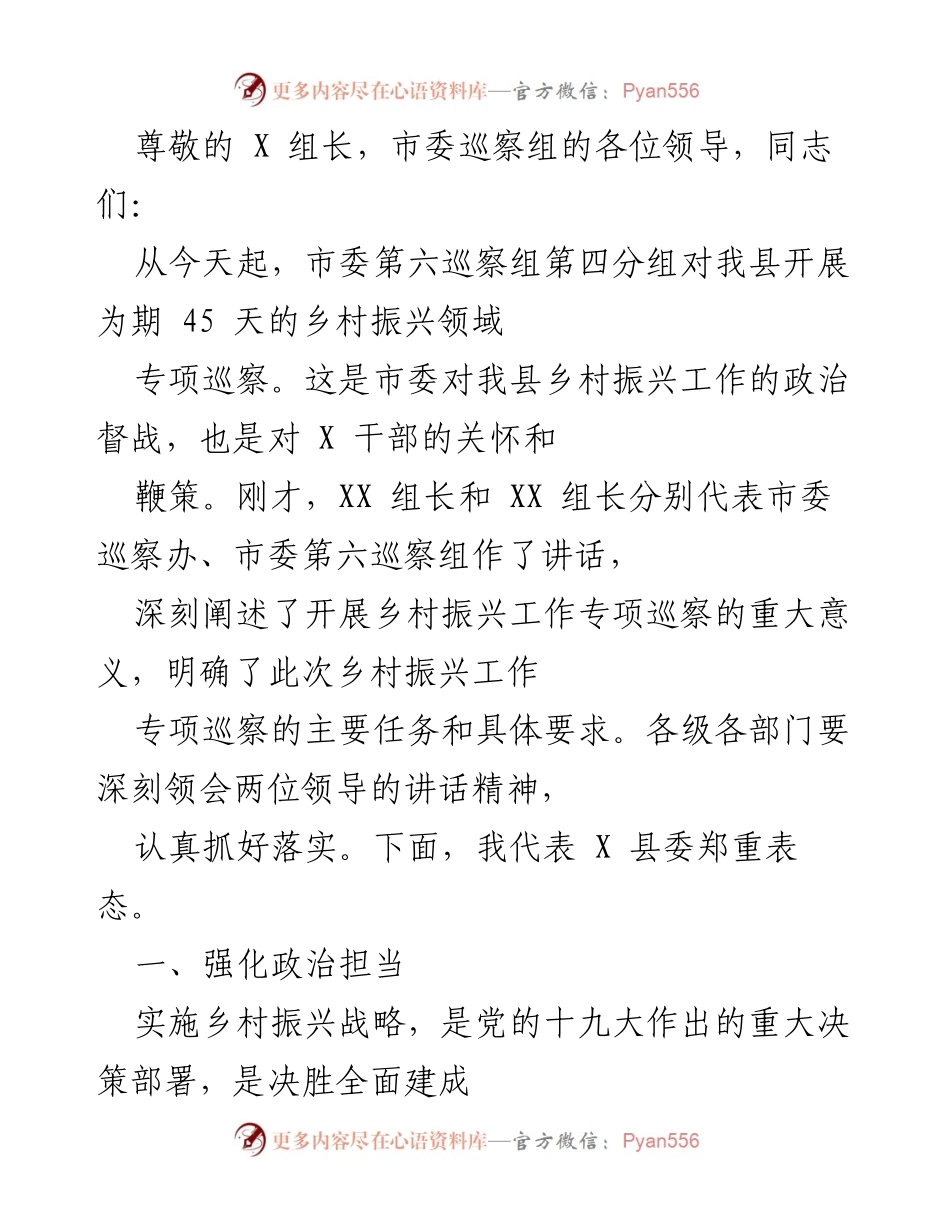 [发言] 关于市委第六巡察组对乡村振兴领域专项巡察的表态发言.docx_第1页