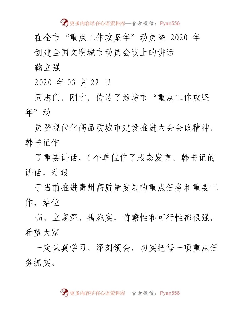 [发言] 动员会议 - 全市重点工作攻坚年动员讲话.docx_第1页
