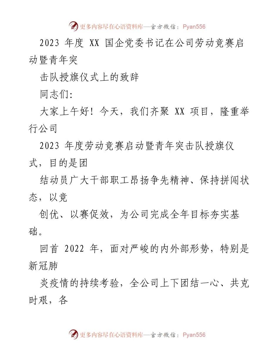 [发言] 劳动竞赛启动暨青年突击队授旗仪式 - 奋斗拼搏，共创辉煌：2023年度劳动竞赛启动致辞.docx_第1页