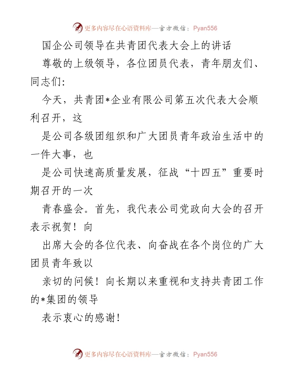 [发言] 共青团代表大会 - 国企领导在共青团代表大会上的讲话.docx_第1页