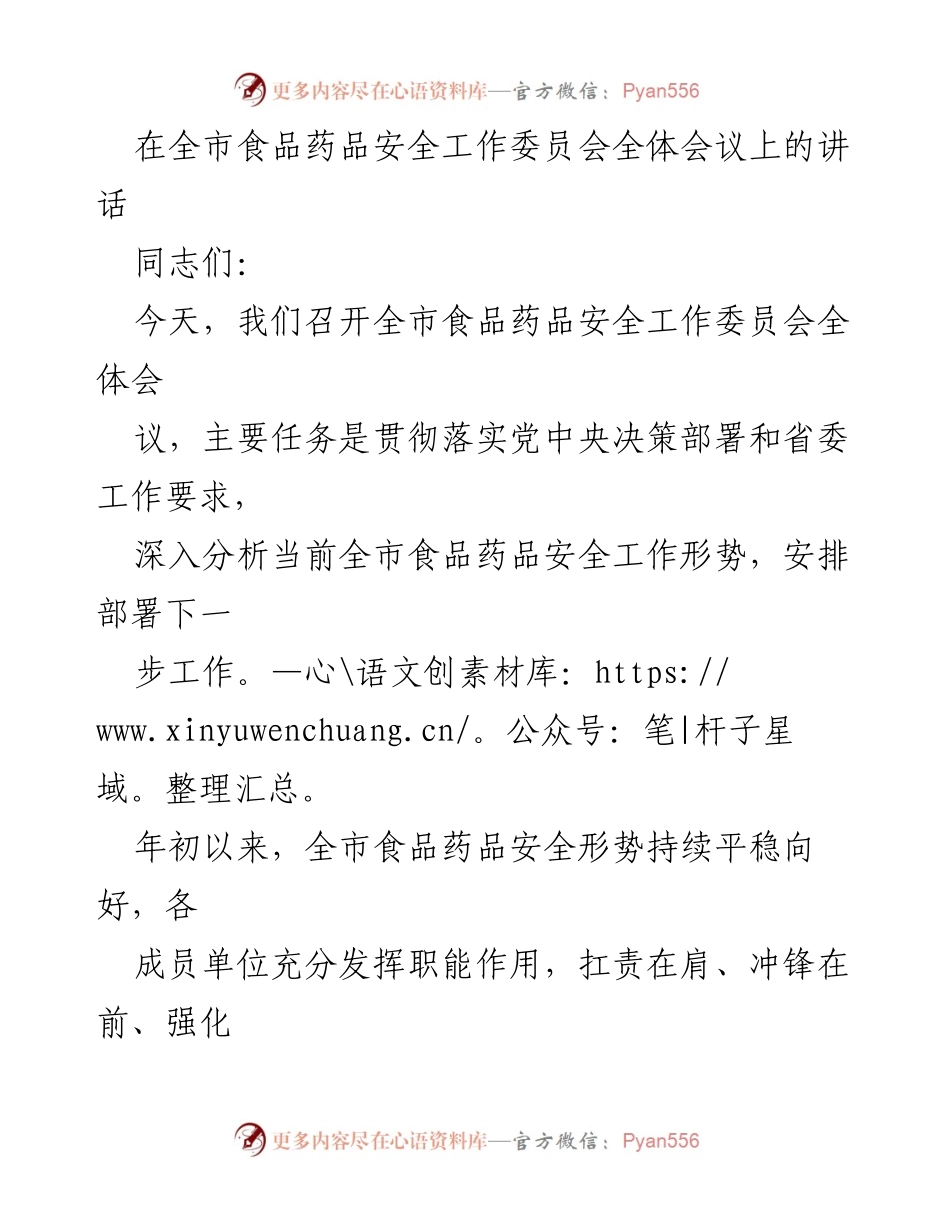 [发言] 全市食品药品安全工作委员会全体会议 - 加强食品药品安全工作，守护人民健康.docx_第1页
