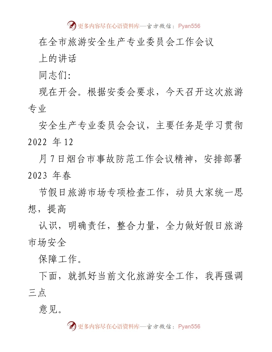 [发言] 全市旅游安全生产专业委员会工作会议 - 加强春节假期旅游安全保障工作.docx_第1页