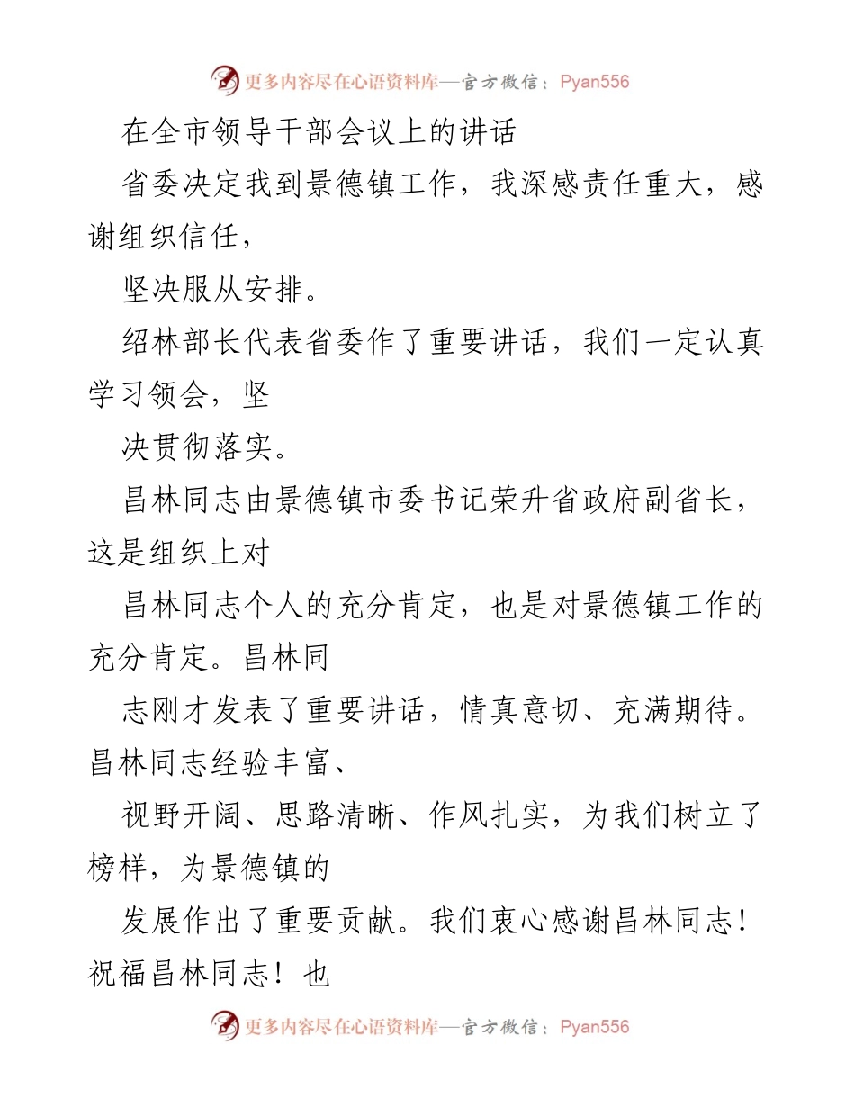 [发言] 全市领导干部会议 - 坚守使命，推动景德镇高质量发展.docx_第1页