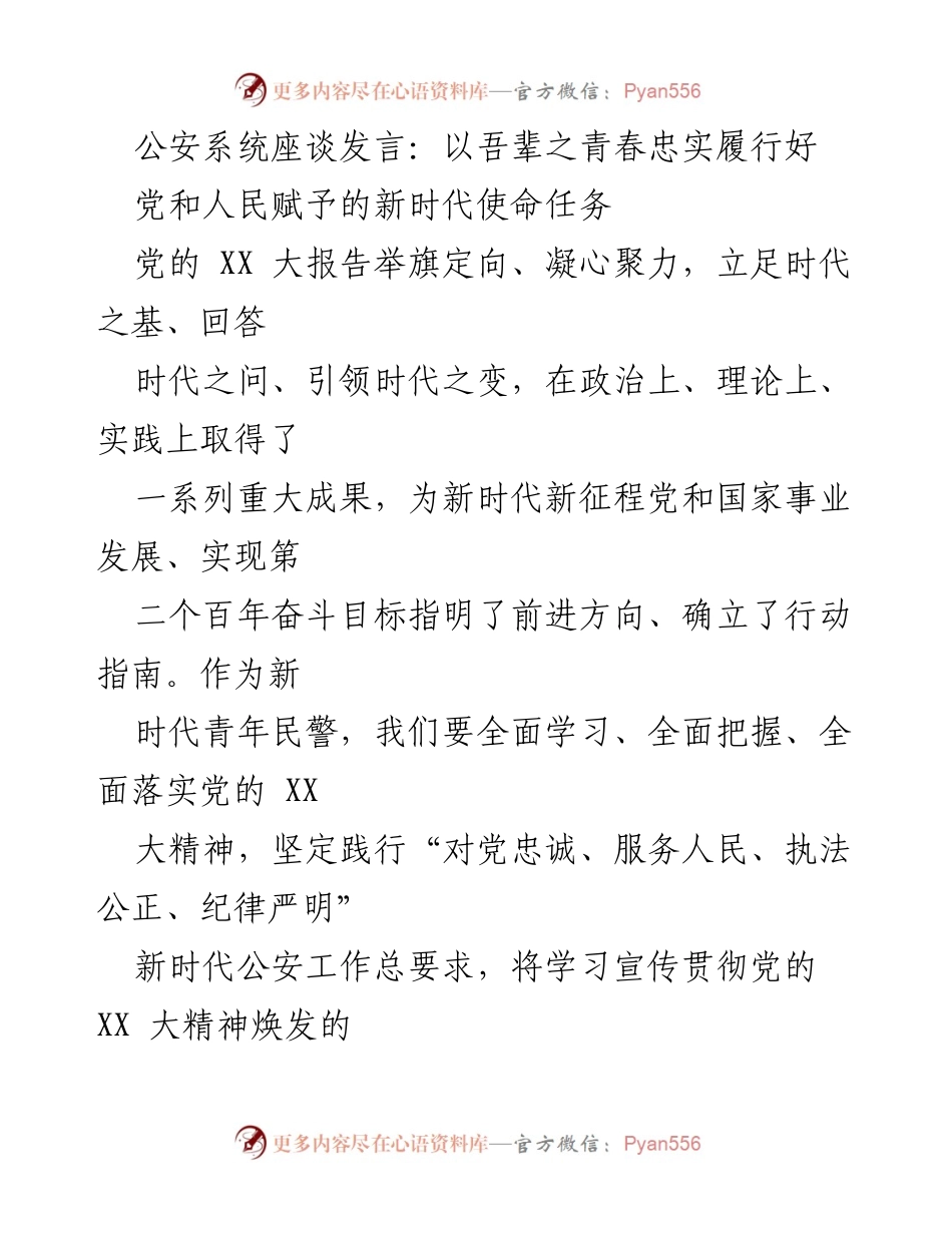 [发言] 公安系统座谈 - 忠诚担当：新时代青年民警的使命与责任.docx_第1页