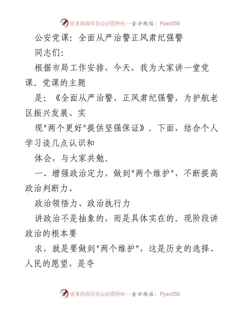 [发言] 公安党课 - 全面从严治警，正风肃纪，为老区振兴发展提供保障.docx_第1页
