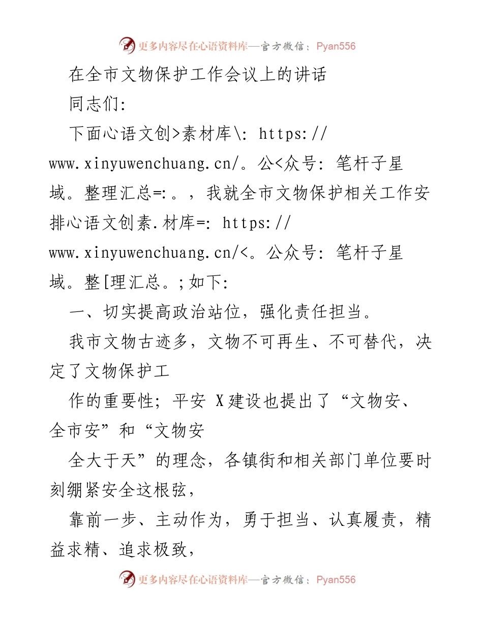 [发言] 全市文物保护工作会议 - 全市文物保护工作安排与责任强化.docx_第1页