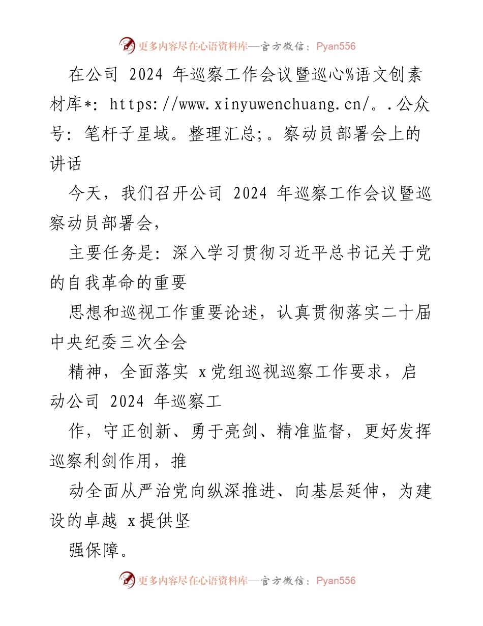 [发言] 公司2024年巡察工作会议 - 深入推进巡察工作，确保党的自我革命与全面从严治党落实.docx_第1页