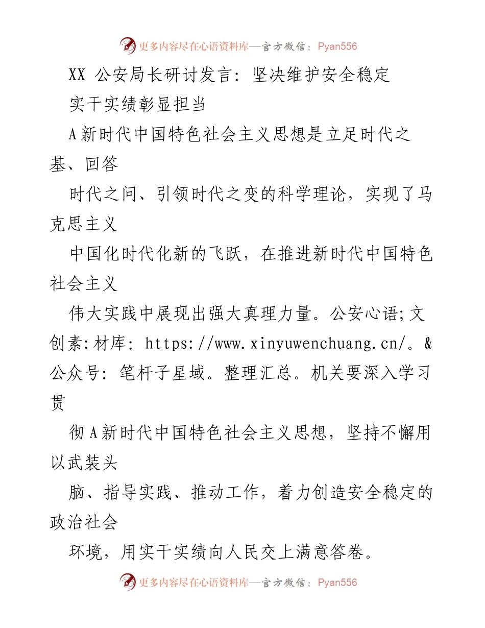 [发言] 公安局长研讨会 - 坚决维护安全稳定，践行以人民为中心的发展思想.docx_第1页