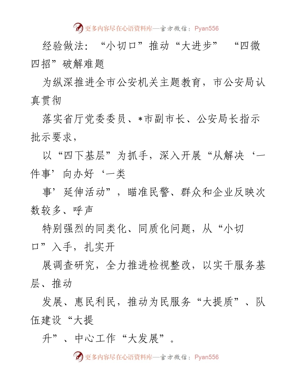 [发言] 公安机关主题教育推进会 - “小切口”推动“大进步”：破解基层治理与队伍建设难题的“四微四招”.docx_第1页