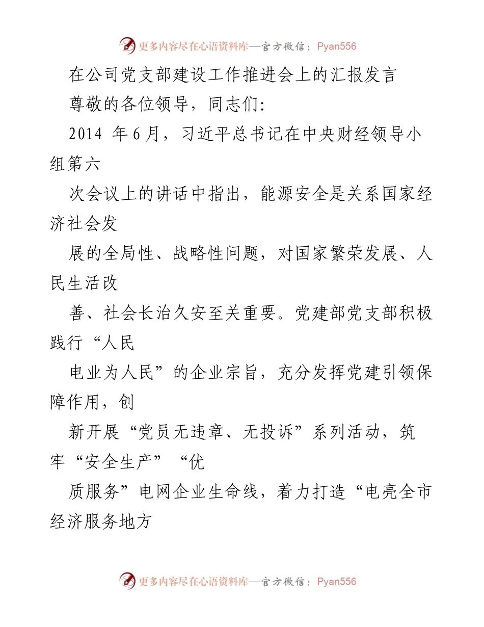 [发言] 公司党支部建设工作推进会 - 提升党建引领保障作用，推动电力安全与服务质量.docx_第1页