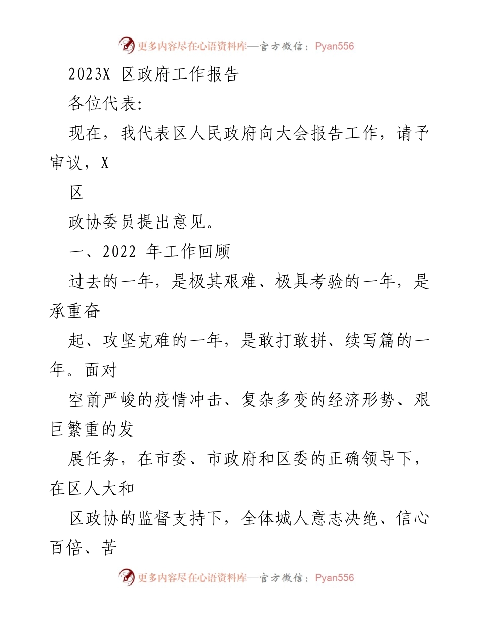[发言] 区政府工作大会 - 2023年X区政府工作报告.docx_第1页