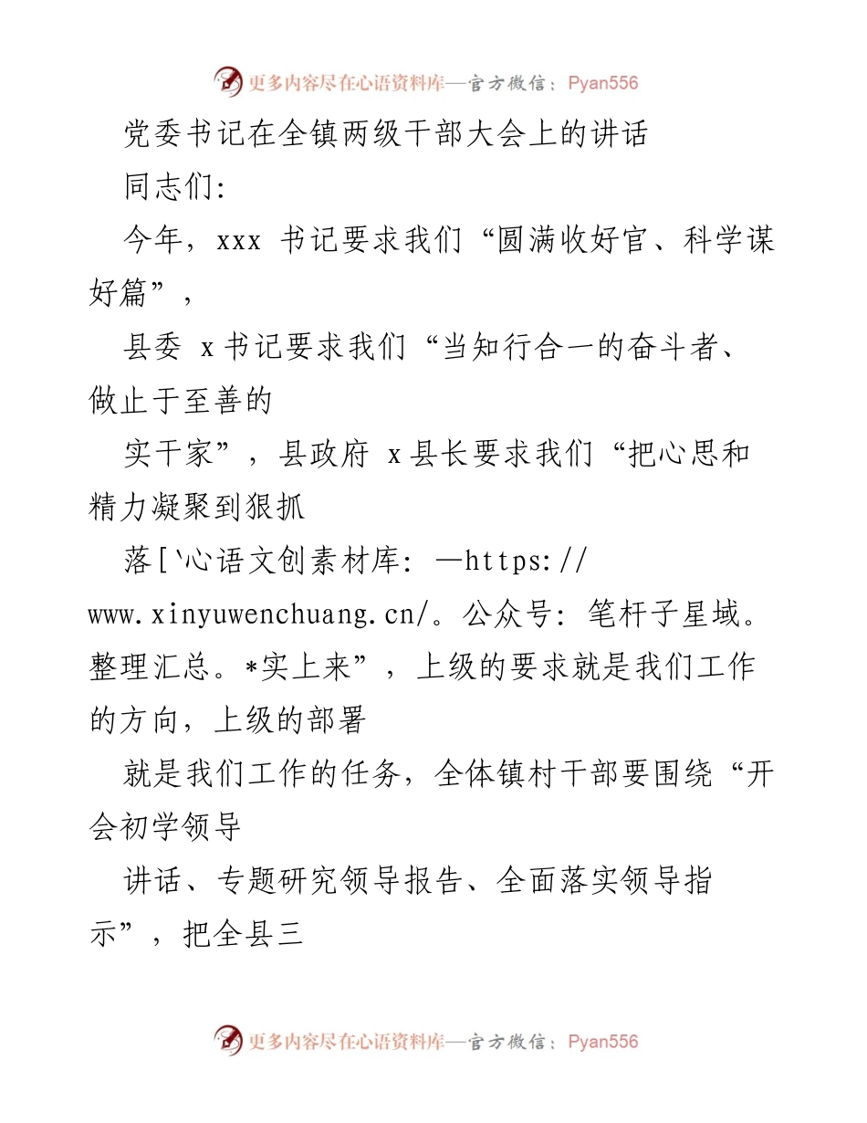 [发言] 全镇两级干部大会 - 党委书记讲话：总结过去，展望未来，落实工作任务.docx_第1页