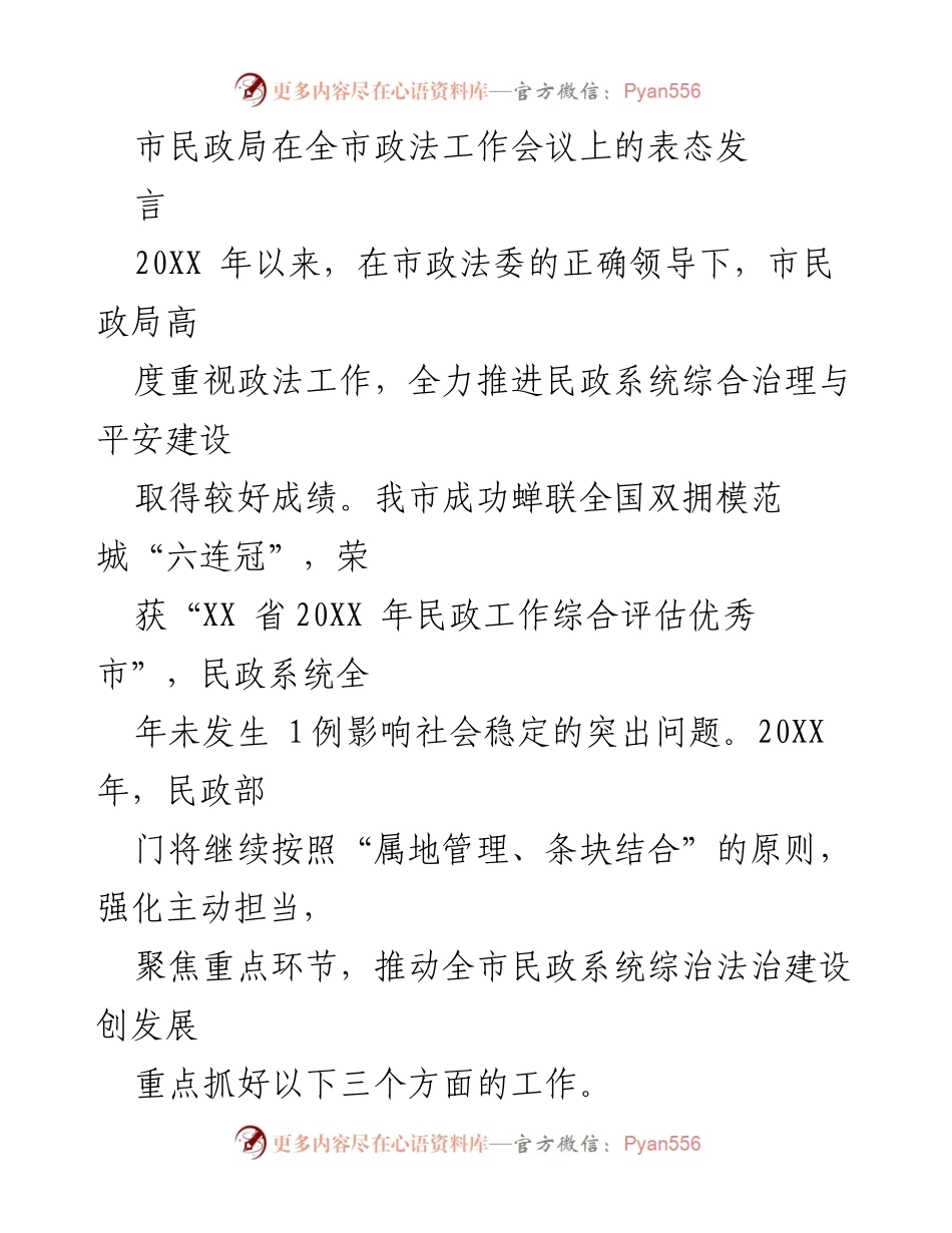 [发言] 全市政法工作会议 - 市民政局在政法工作会议上的表态发言.docx_第1页