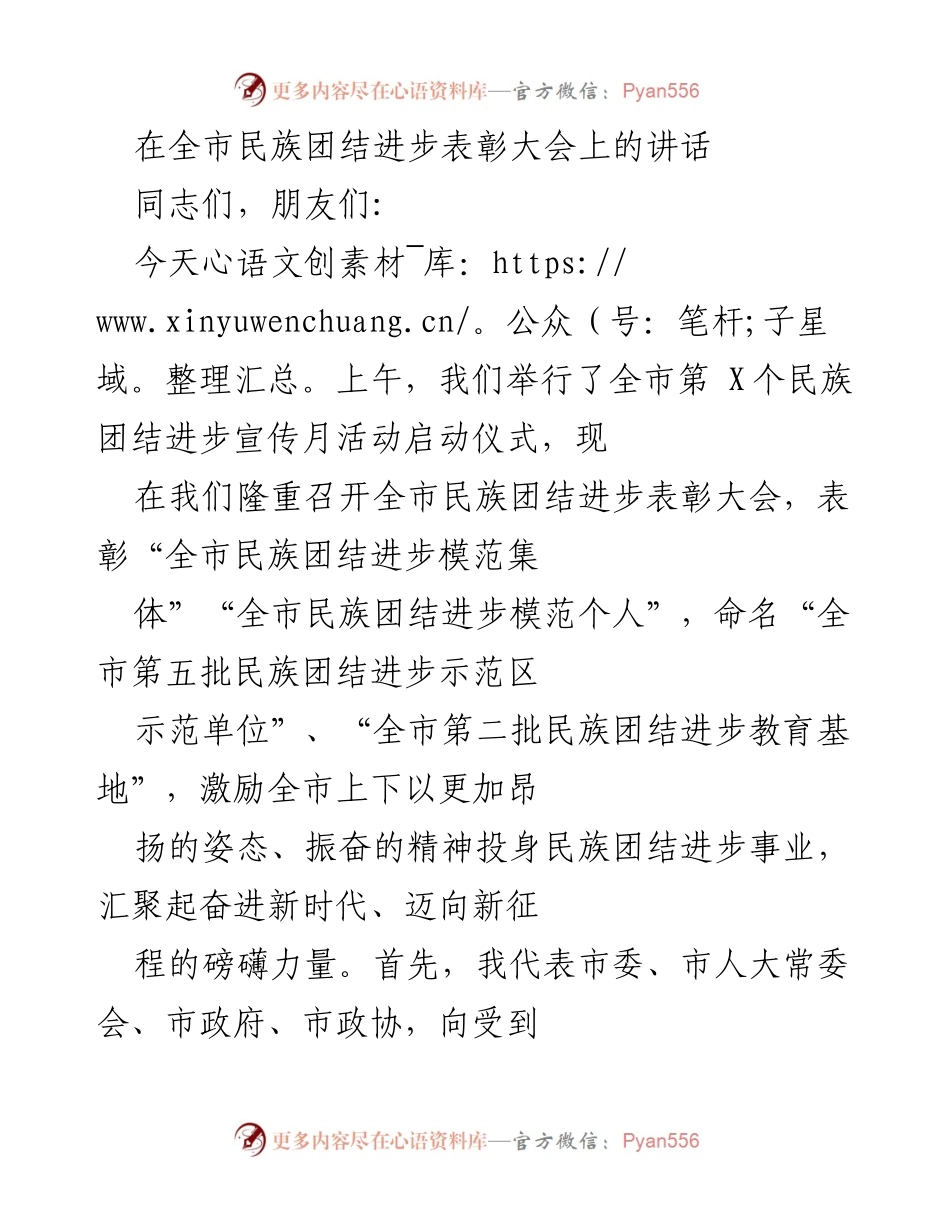 [发言] 全市民族团结进步表彰大会 - 弘扬民族团结精神，共筑繁荣未来.docx_第1页