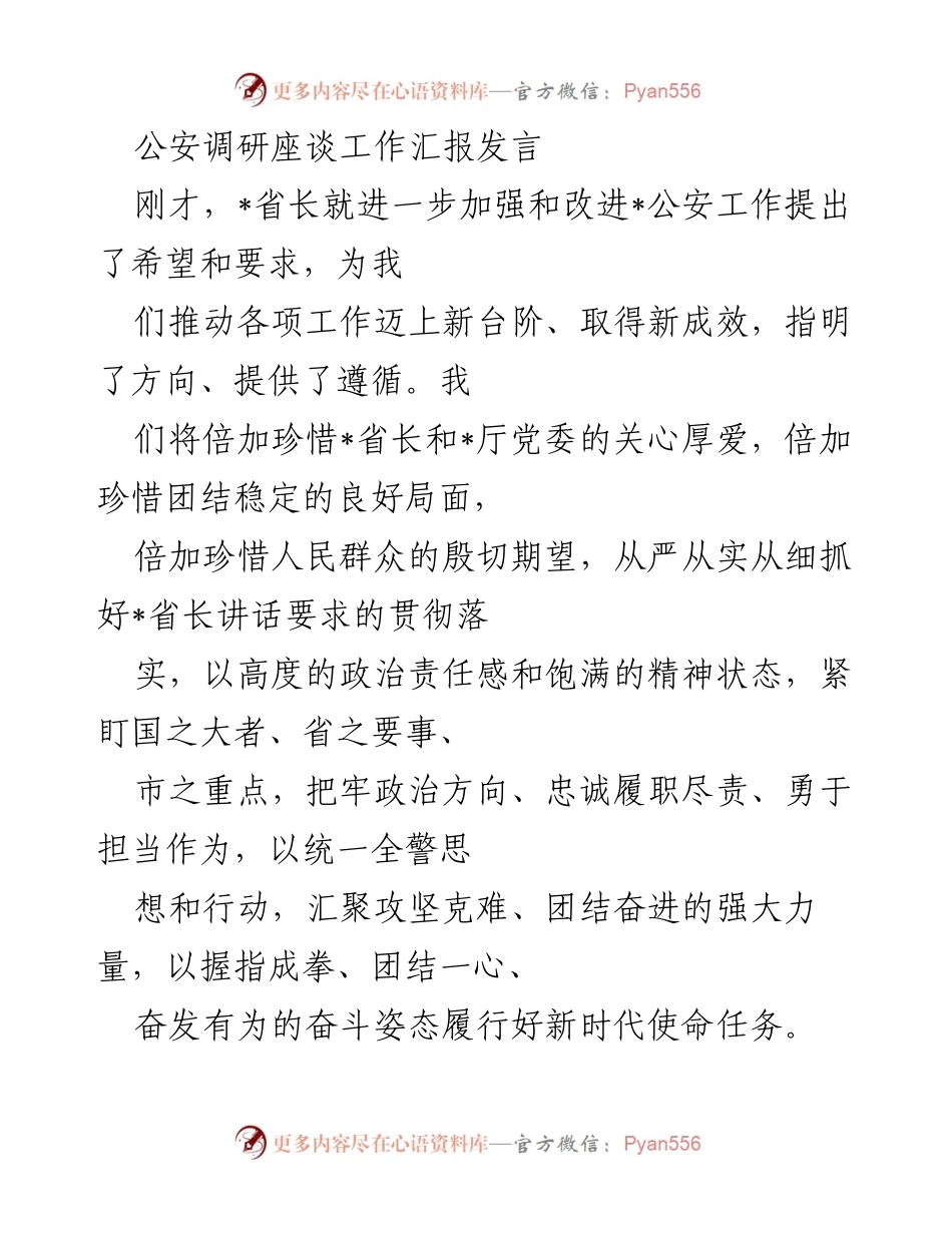 [发言] 公安调研座谈 - 加强公安工作，践行人民至上.docx_第1页