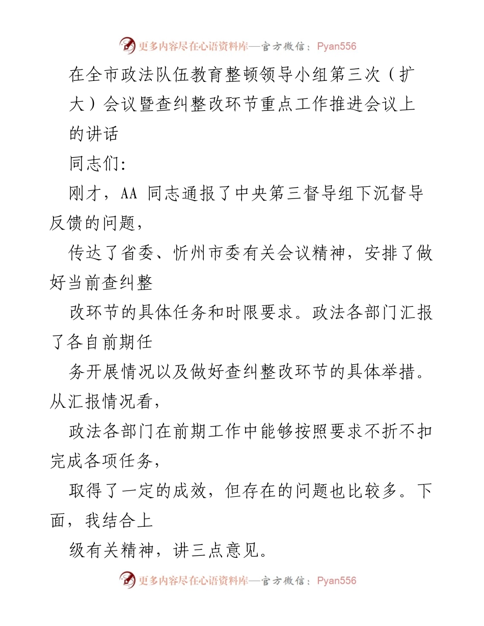 [发言] 全市政法队伍教育整顿领导小组会议 - 强化责任落实，推动政法队伍查纠整改工作.docx_第1页