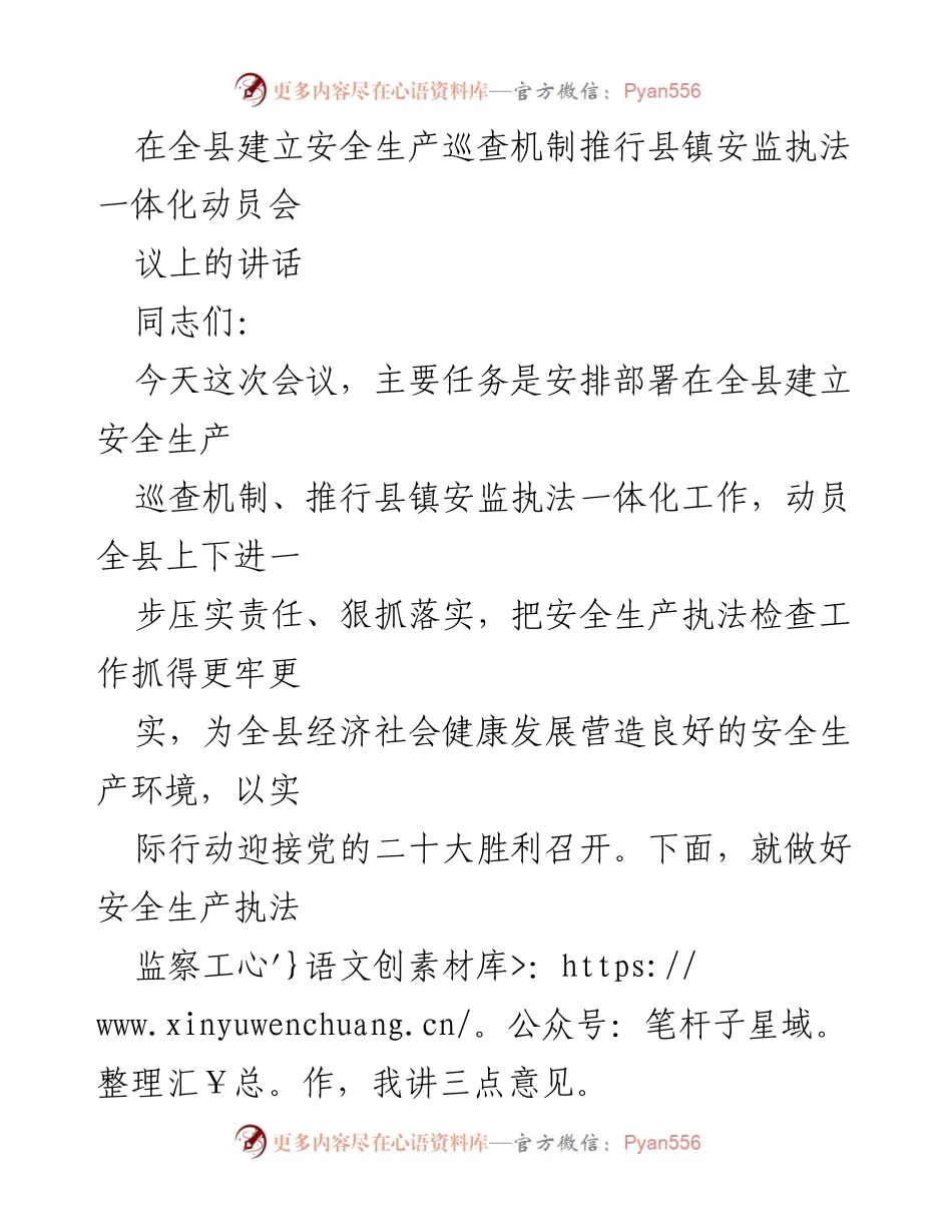 [发言] 动员会 - 加强安全生产巡查机制与县镇安监执法一体化的重要性.docx_第1页