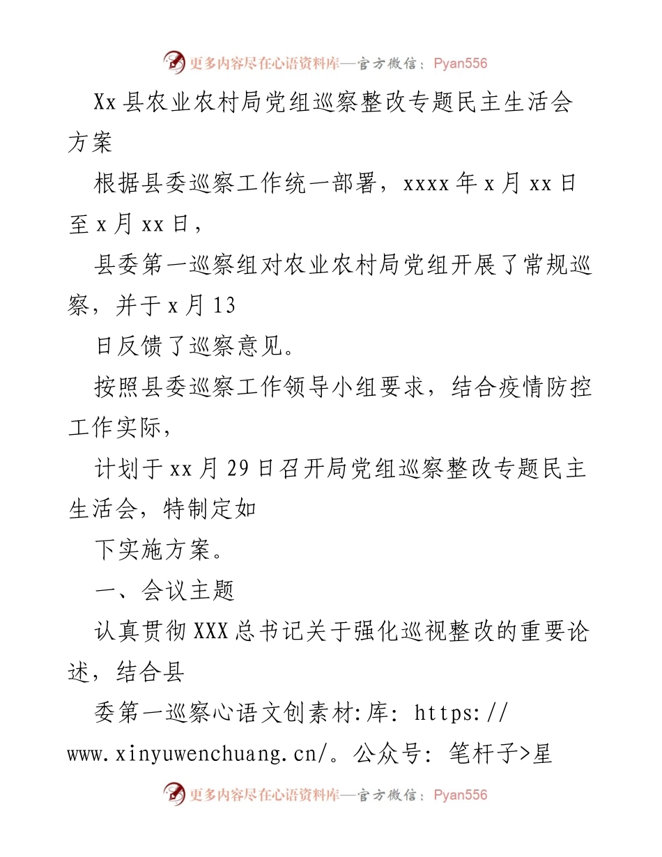 [发言] 农业农村局党组巡察整改专题民主生活会 - 巡察整改专题民主生活会实施方案.docx_第1页
