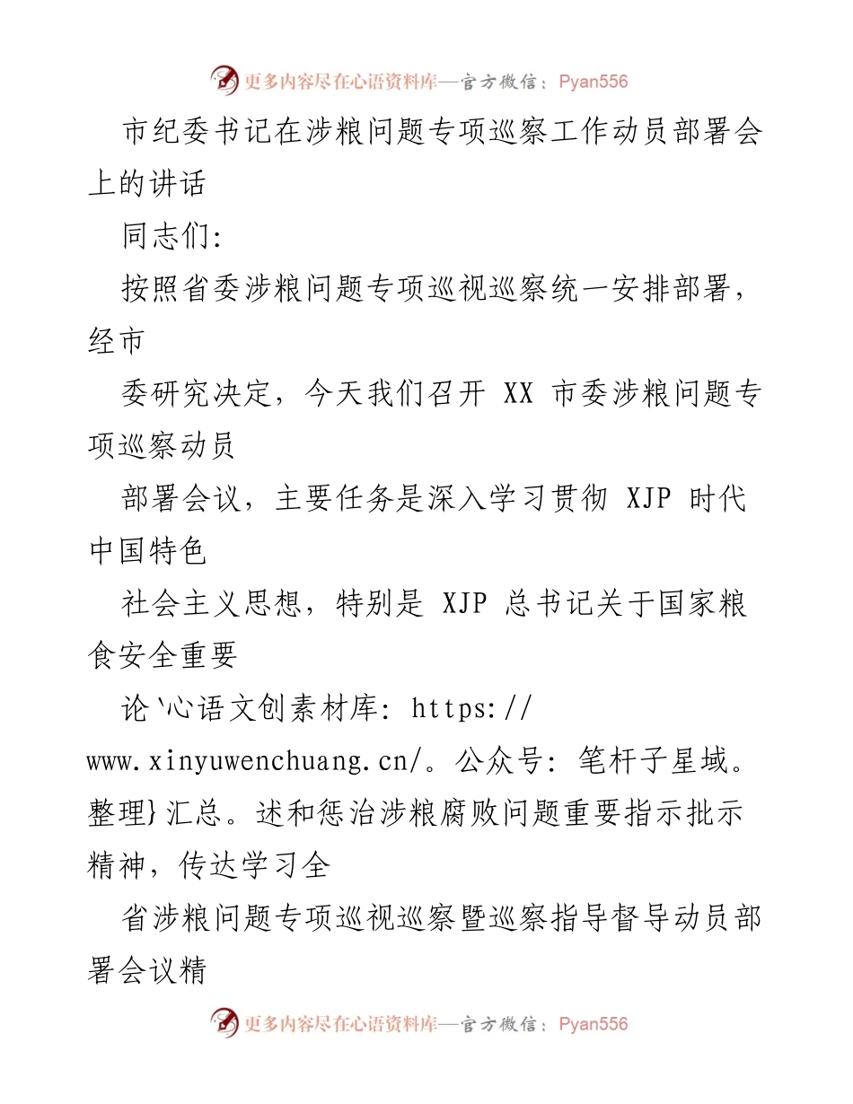[发言] 动员部署会 - 市纪委书记关于涉粮问题专项巡察工作的讲话.docx_第1页