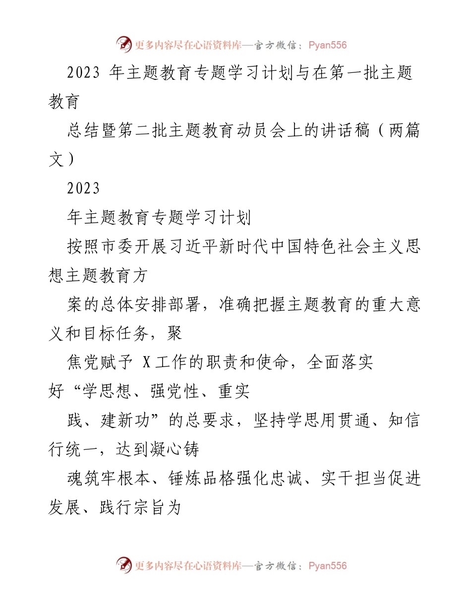 [发言] 动员会 - 2023年主题教育专题学习计划与动员讲话稿.docx_第1页
