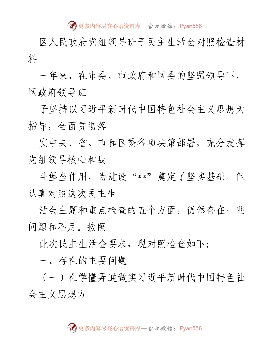 [发言] 区人民政府党组民主生活会 - 区政府领导班子对照检查问题与不足分析.docx_第1页