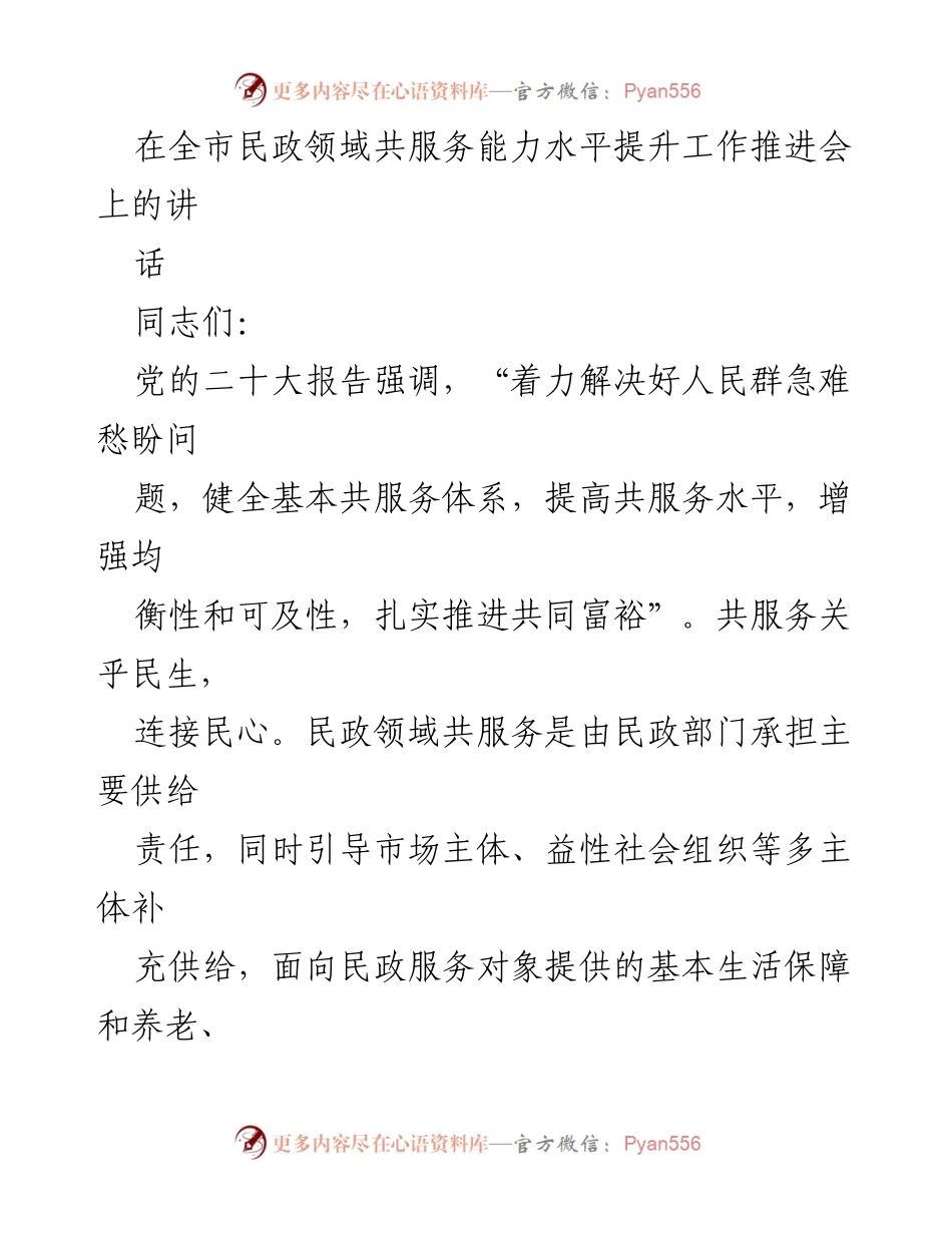 [发言] 全市民政领域共服务能力提升工作推进会 - 提升全市民政领域共服务水平的建议与措施.docx_第1页