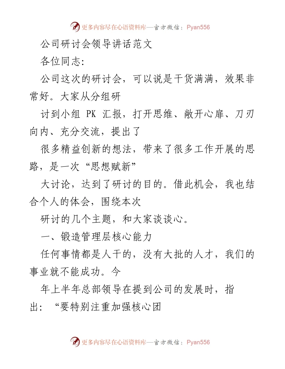 [发言] 公司研讨会 - 提升核心能力与解决业务痛点的领导讲话.docx_第1页