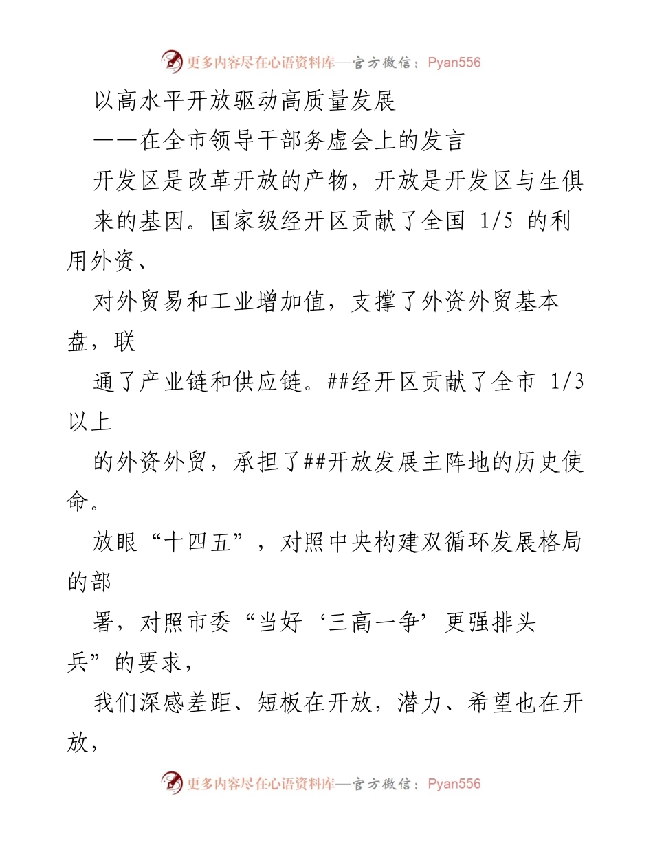 [发言] 全市领导干部务虚会 - 高水平开放驱动开发区现代化发展.docx_第1页