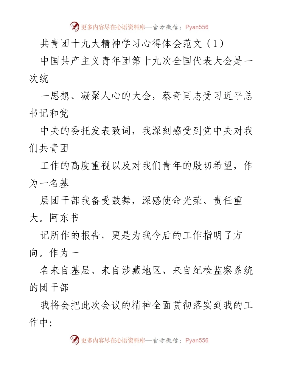 [发言] 共青团十九大精神学习会 - 深入贯彻共青团十九大精神，践行青春誓言.docx_第1页