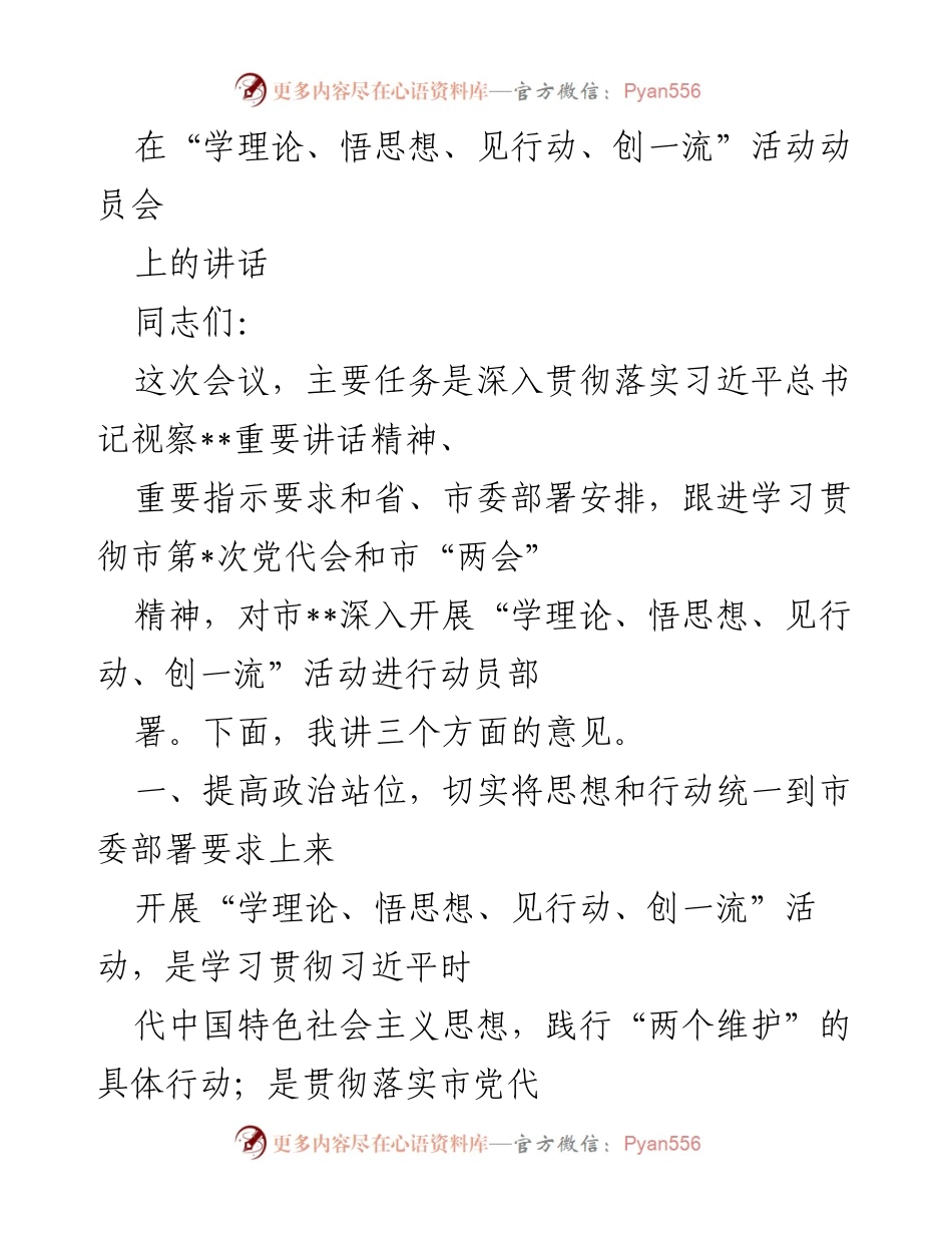 [发言] 动员会 - 深入开展“学理论、悟思想、见行动、创一流”活动的重要性与部署.docx_第1页