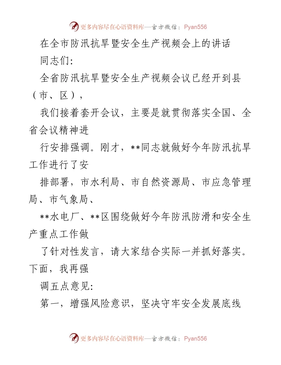 [发言] 全市防汛抗旱暨安全生产视频会 - 强化风险意识，确保安全生产与防汛抗旱工作落实.docx_第1页