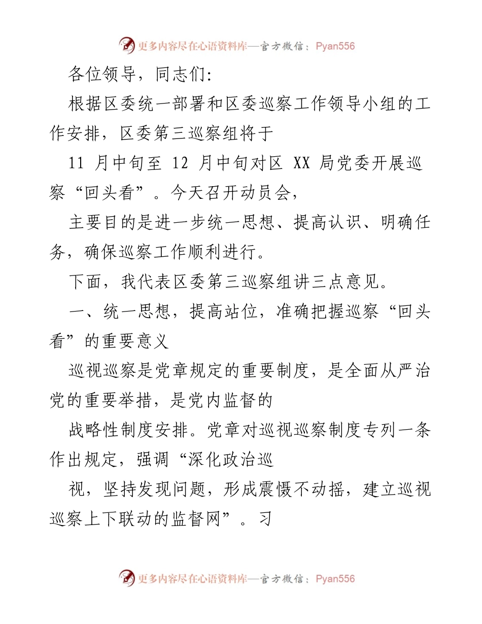 [发言] 动员会 - 巡察“回头看”动员讲话.docx_第1页