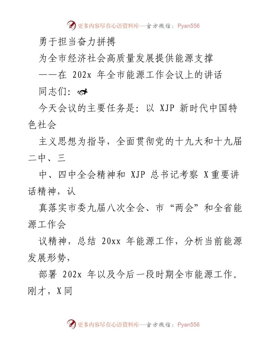 [发言] 全市能源工作会议 - 提升能源高质量发展，助力经济社会进步.docx_第1页