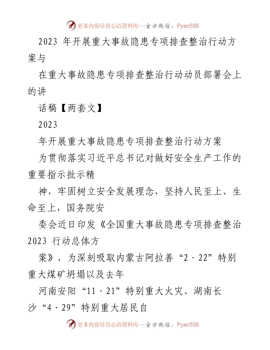 [发言] 动员部署会 - 2023年重大事故隐患专项排查整治行动动员讲话稿_1.docx_第1页