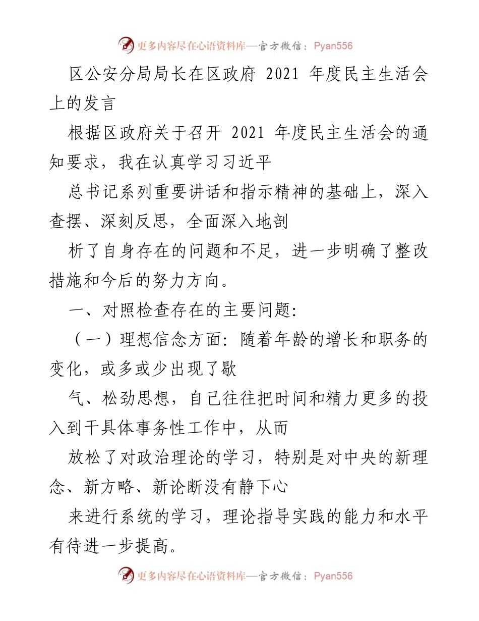 [发言] 区政府2021年度民主生活会 - 区公安分局局长的自我反思与整改措施.docx_第1页