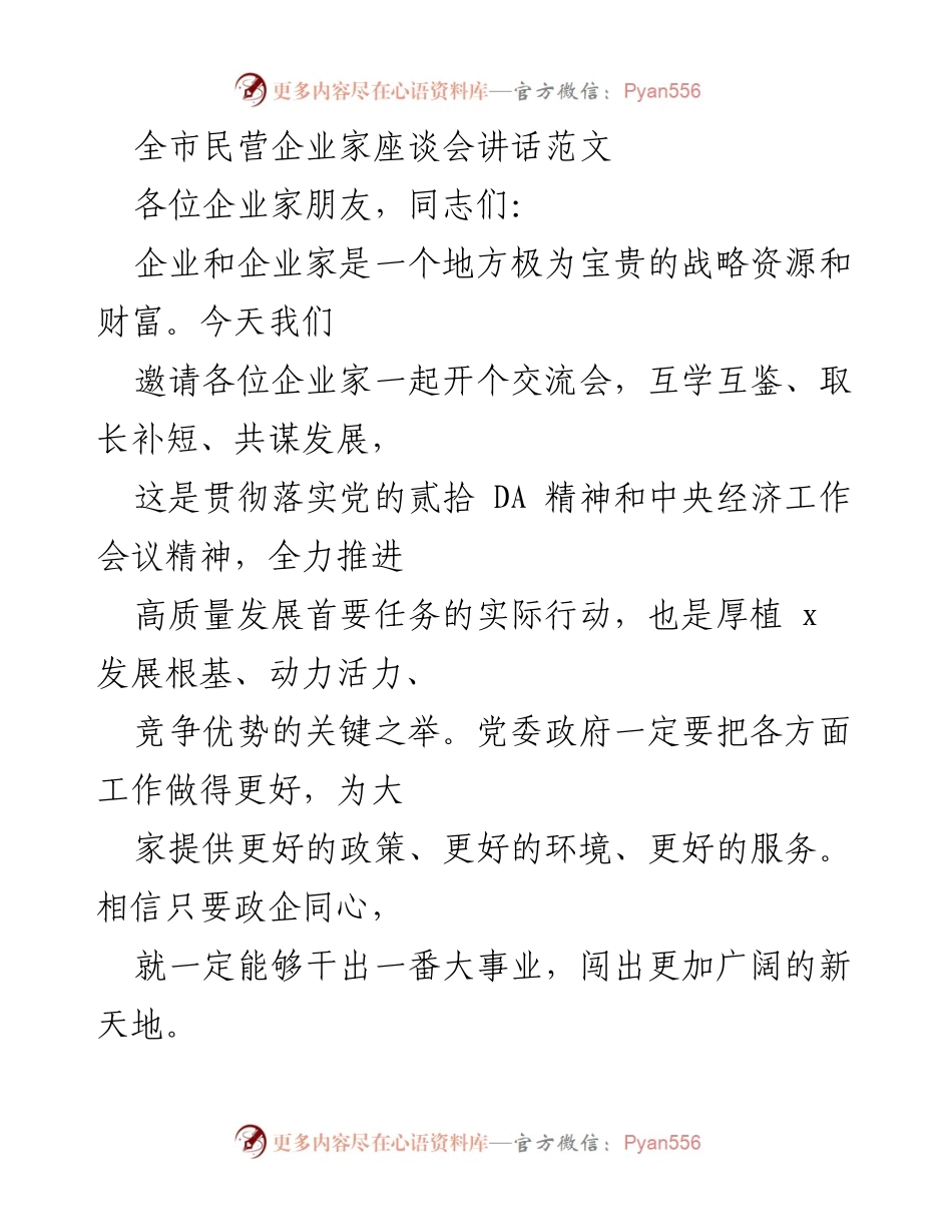 [发言] 全市民营企业家座谈会 - 推动“大优强”企业发展，共谋高质量经济新篇章.docx_第1页