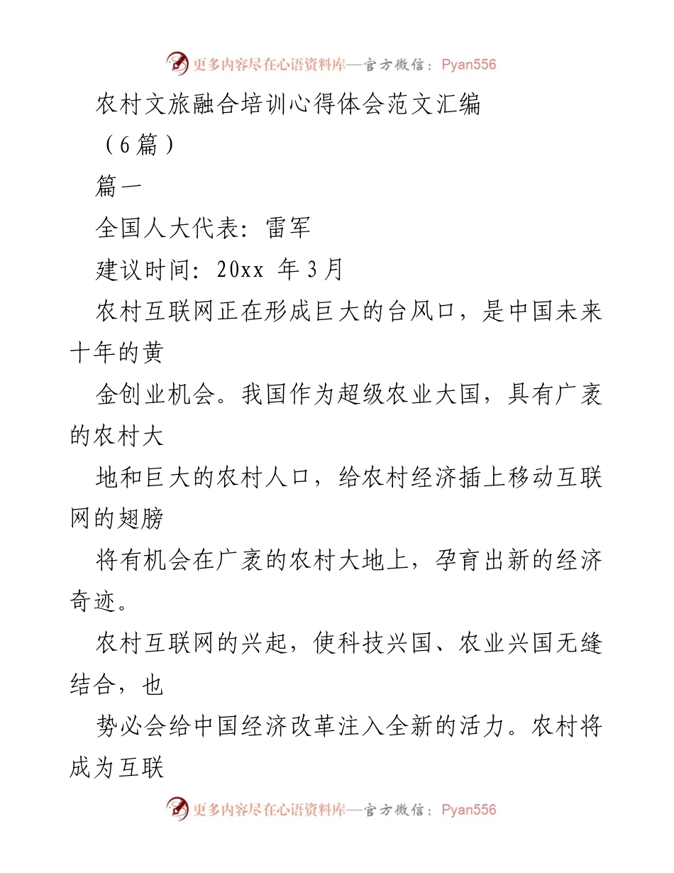 [发言] 农村文旅融合培训 - 农村互联网的崛起与发展机遇.docx_第1页