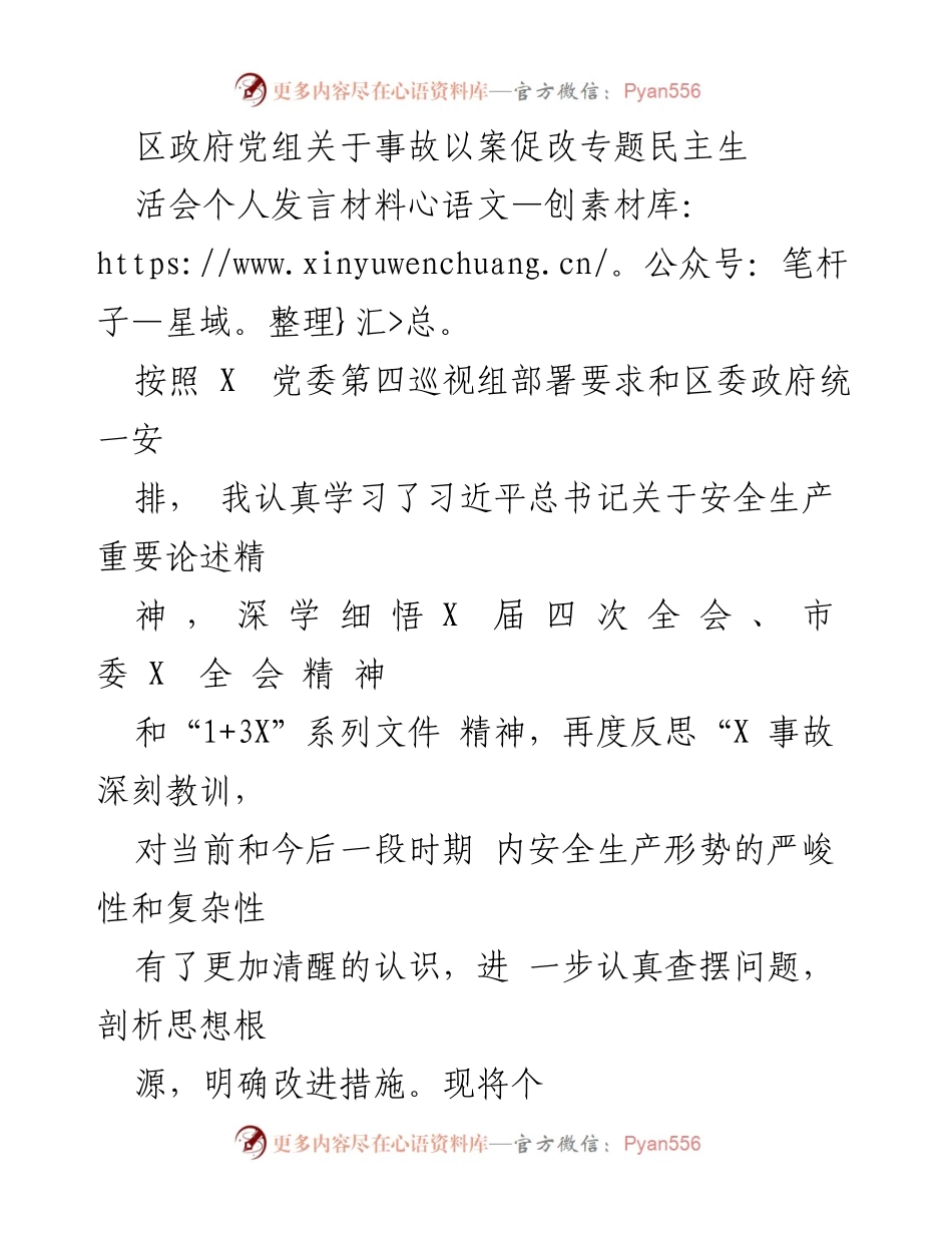 [发言] 区政府党组专题民主生活会 - 深刻反思安全生产责任与改进措施.docx_第1页