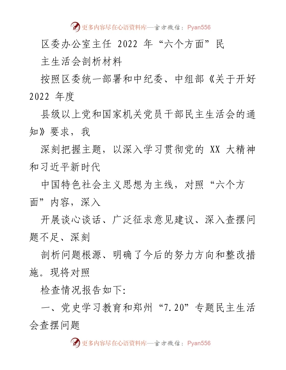 [发言] 区委民主生活会 - 2022年度民主生活会问题剖析与整改报告.docx_第1页