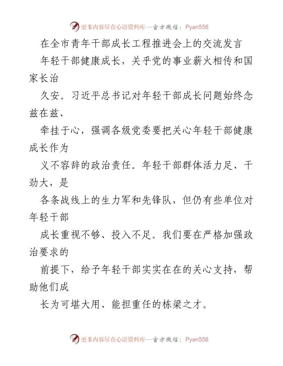 [发言] 全市青年干部成长工程推进会 - 关心年轻干部健康成长，助力党的事业传承.docx_第1页